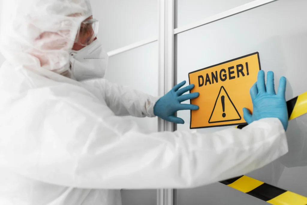 medium shot blurry man holding danger sign